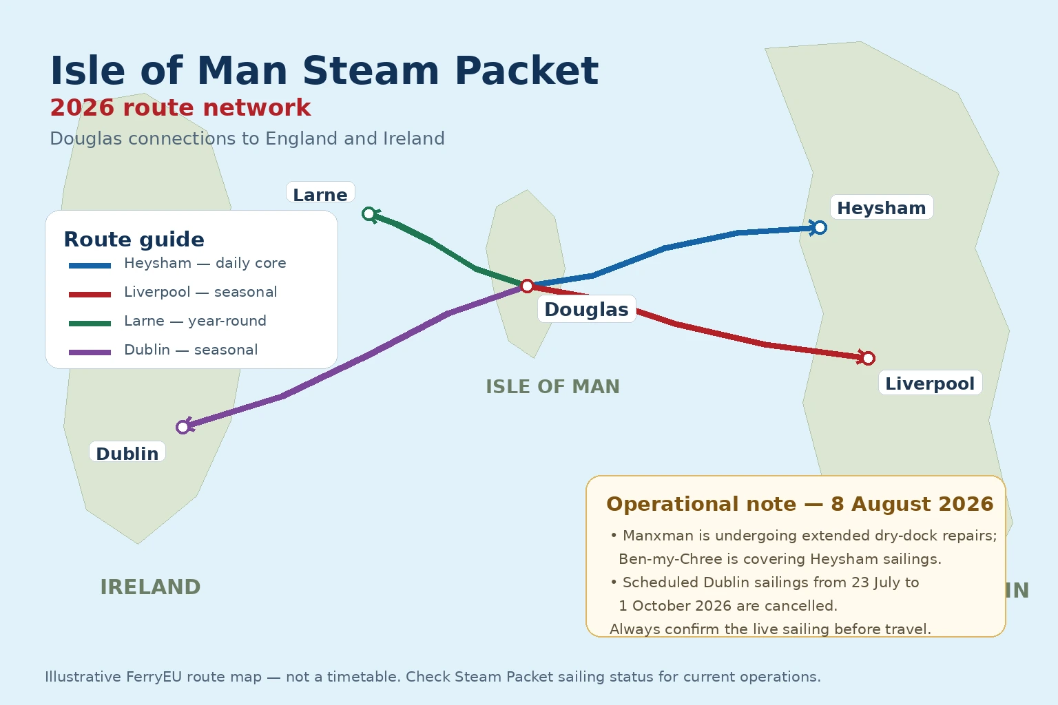 Ενδεικτικός χάρτης δρομολογίων της Isle of Man Steam Packet Company