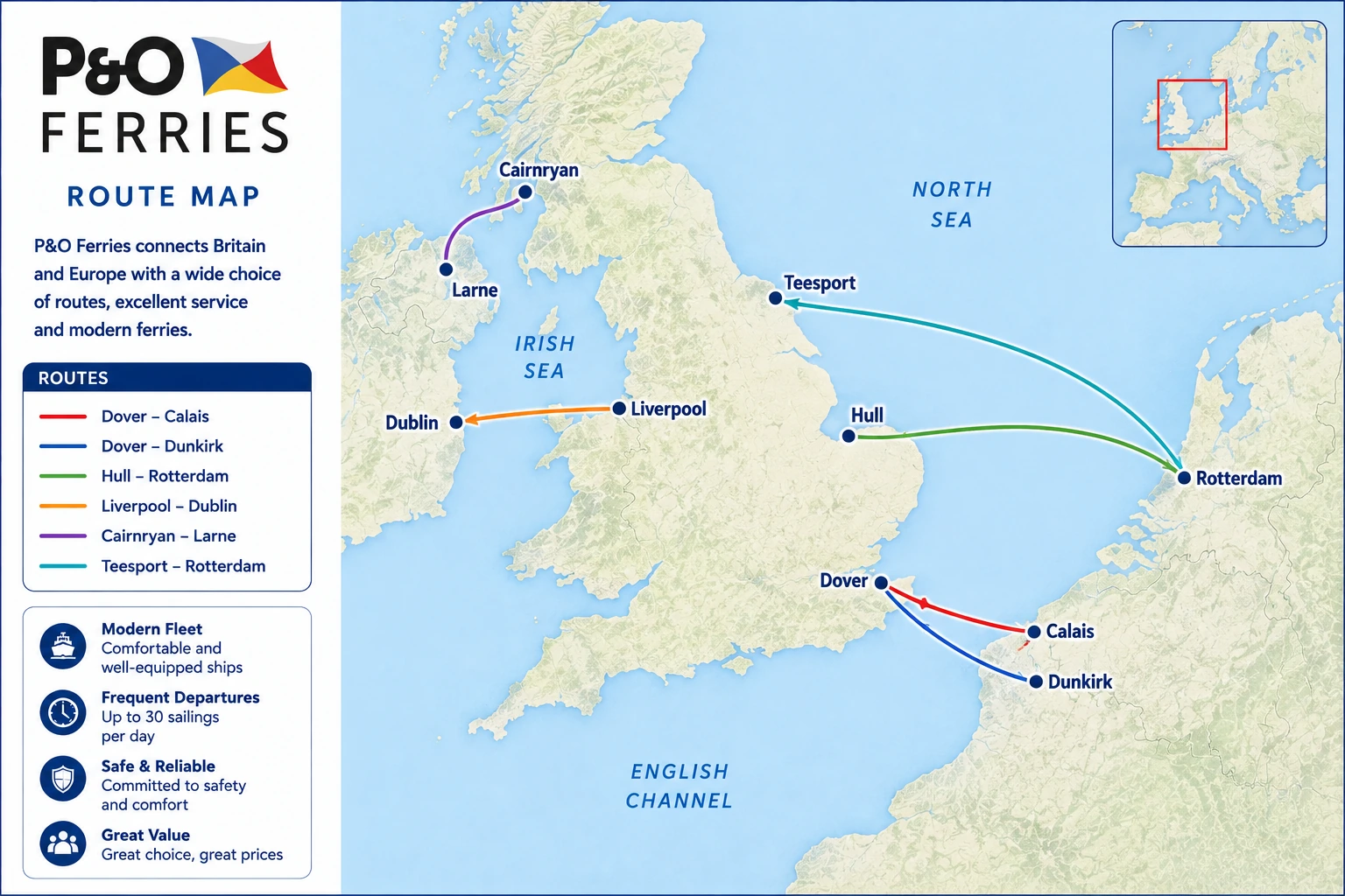 Ενδεικτικός χάρτης δρομολογίων της P&O Ferries